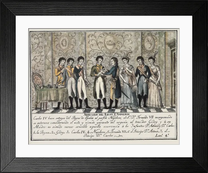 Framed Print : Abdications of Bayonne (1808). Charles IV hands over the throne of Spain to Napoleon in the presence of his son Ferdinand VII. Engraving. SPAIN. Madrid. Municipal Museum
