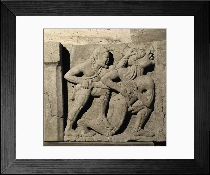Framed Print : Hercules kills a Giant. 560 BC. 10th Labour of Hercules, where he should steal the cattle of the Giant Geryon. Decorative relief from the Temple of Hera Argiva. Archaic Greek art