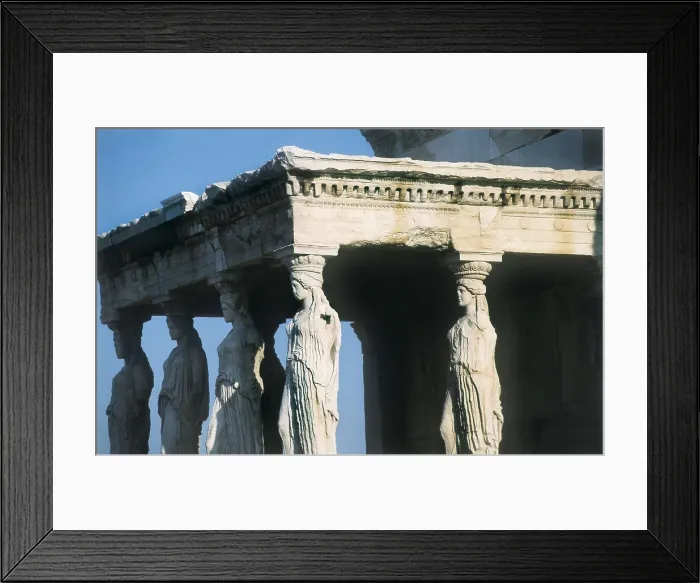 Framed Print : Erechtheion. 421 -414 BC. GREECE. Athens. Acropolis. Erechtheum or Erecththeion. The Caryatid Porch. Classical Greek art. Sculpture on marble; Architecture Framed Print : Erechtheion. 421 -414 BC. GREECE. Athens. Acropolis. Erechtheum or Erecththeion. The Caryatid Porch. Classical Greek art. Sculpture on marble; Architecture