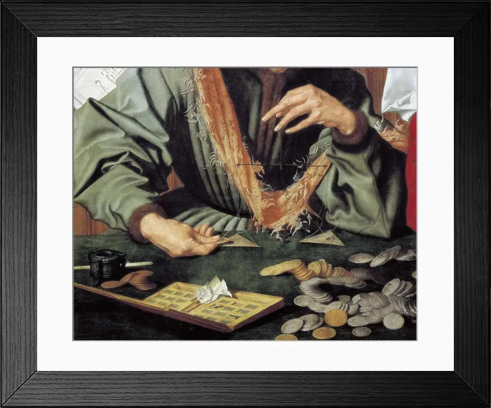 Framed Print : REYMERSWAELE, Marinus Claeszoon van (1493-1567). The Moneylender and his Wife. 1539. Left lower detail depicting the scales. Baroque art. Oil on wood. SPAIN. Madrid. Prado Museum