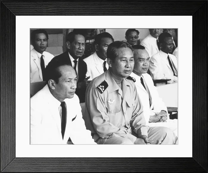 Framed Print : New leaders of Cambodia after coup d'etat deposing Prince Norodom Sihanouk on March 18, 1970. L-R: Yem Sembaur, Foreign Minister, Gen