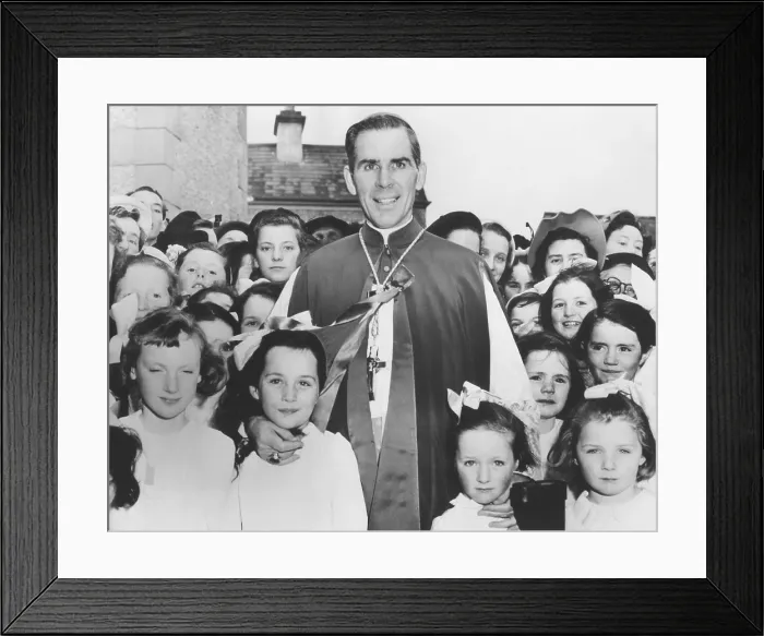 Framed Print : Bishop Fulton Sheen with Irish children in Choghan County, Roscommon, Ireland. April 22, 1952