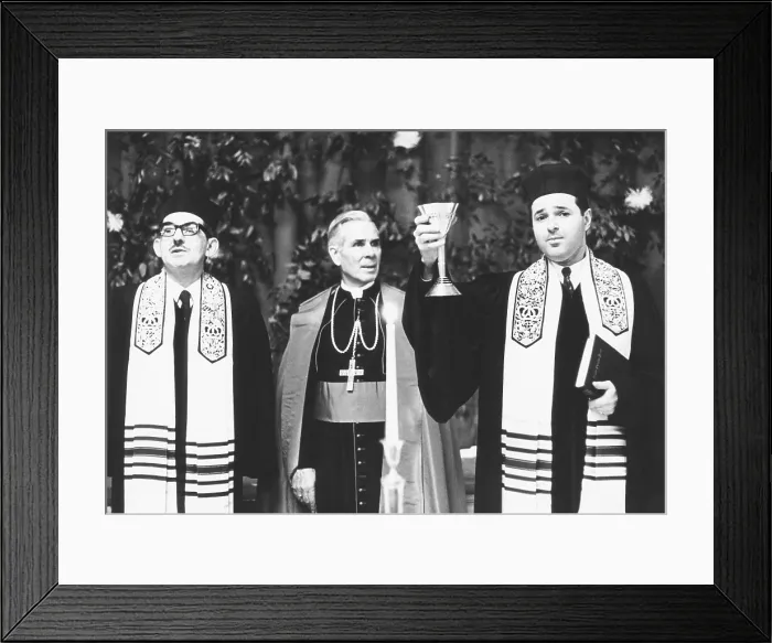 Framed Print : Fulton J. Sheen (center), Bishop of Rochester, at a Jewish service at the Mt. Neboh Congregation. Manhattan, New York City, Feb. 2, 1968. L-R: Rev. Dr
