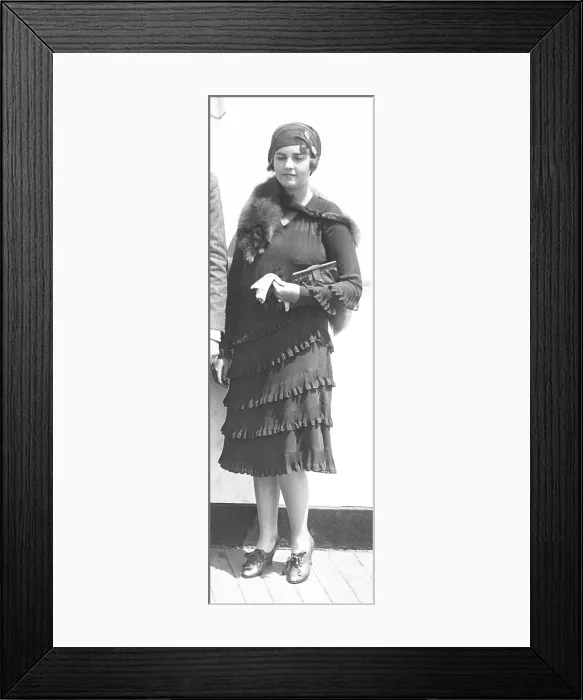 Framed Print : Barbara Hutton, Woolworth heiress, wearing a dress with diagonal ruffles, on an ocean liner. Ca. 1930. (CSU_2015_7_409) Framed Print : Barbara Hutton, Woolworth heiress, wearing a dress with diagonal ruffles, on an ocean liner. Ca. 1930. (CSU_2015_7_409)