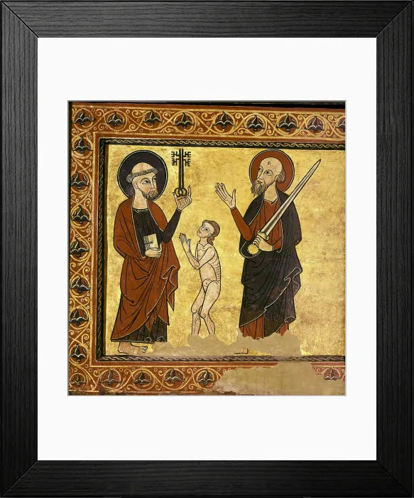 Framed Print : SORIGUEROLA, Master of (half 13th century)). Altar Frontal from Toses. end 13th c. Detail. Panel of Saints Peter and Paul and a soul. Romanesque art. Tempera on wood. SPAIN Framed Print : SORIGUEROLA, Master of (half 13th century)). Altar Frontal from Toses. end 13th c. Detail. Panel of Saints Peter and Paul and a soul. Romanesque art. Tempera on wood. SPAIN