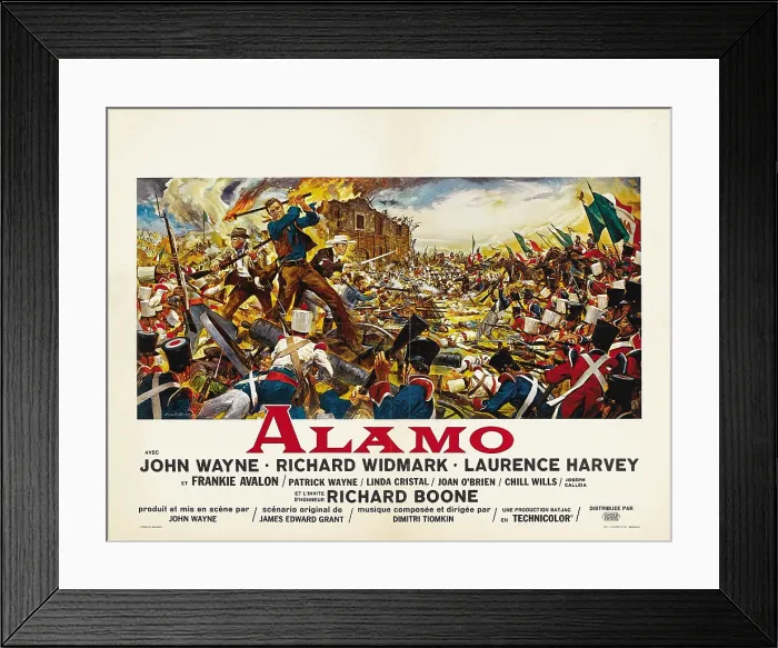 Framed Print : THE ALAMO, John Wayne (center), Richard Widmark (back left), Laurence Harvey (back right) on UK poster art, 1960 Framed Print : THE ALAMO, John Wayne (center), Richard Widmark (back left), Laurence Harvey (back right) on UK poster art, 1960