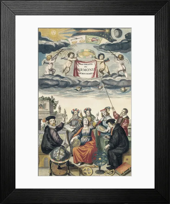 Framed Print : Frontispice of 'Harmonia Macrocosmica' or 'Celestial Atlas' by Andreas Cellarius (1661). Coln surrounded with astronomers. Engraving. SPAIN. Madrid