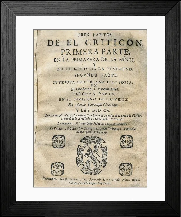 Framed Print : GRACIAN, Baltasar (1601-1658). 'El Criticn'(The Critick). Frontispiece of the first part. Edition carried out in Barcelona (1682)