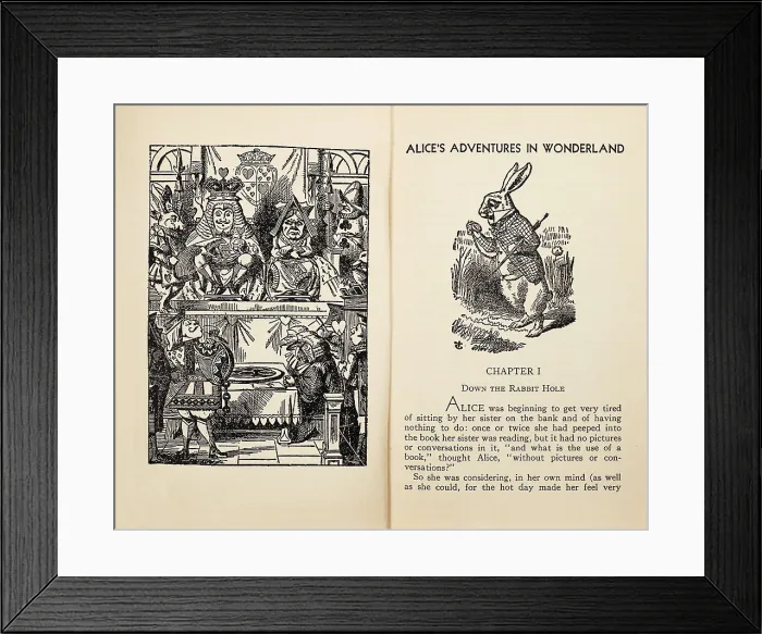 Framed Print : CARROLL, Lewis (1832-1898). First page of one edition of 'Alice's Adventures in Wonderland' in English, with illustrations of John Tenniel. Engraving. SPAIN
