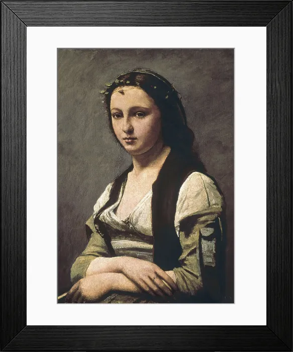 Framed Print : COROT, Jean-Baptiste Camille (1796-1875). The Woman with the Pearl (La femme a la perle). ca. 1842. Portrait inspired on the Mona Lisa, from the last creative stage of Corot