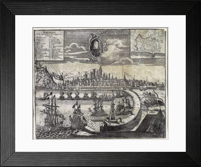 Framed Print : View of the city and the port of Barcelona in 18th c. Engraving. SPAIN. Barcelona. Barcelona City History Museum. AISA / Everett Collection**US SALES ONLY**