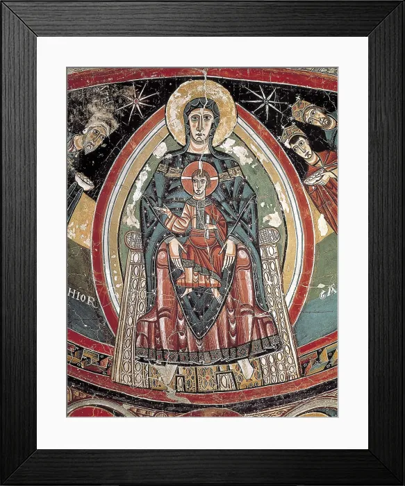 Framed Print : Church of Santa Mara in Tall. Paintings in the central apse. c. 1123. Detail of the Virgin and Child. Romanesque art. Fresco. SPAIN. Barcelona. National Art Museum of Catalonia