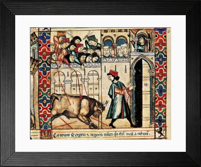 Framed Print : Cantigas de Santa Maria (Virgin Mary Songs). 13th c. Cantiga (song) 144: 'El toro de Plasencia' (The Bull of Plasencia). Gothic art. Miniature Painting. SPAIN Framed Print : Cantigas de Santa Maria (Virgin Mary Songs). 13th c. Cantiga (song) 144: 'El toro de Plasencia' (The Bull of Plasencia). Gothic art. Miniature Painting. SPAIN