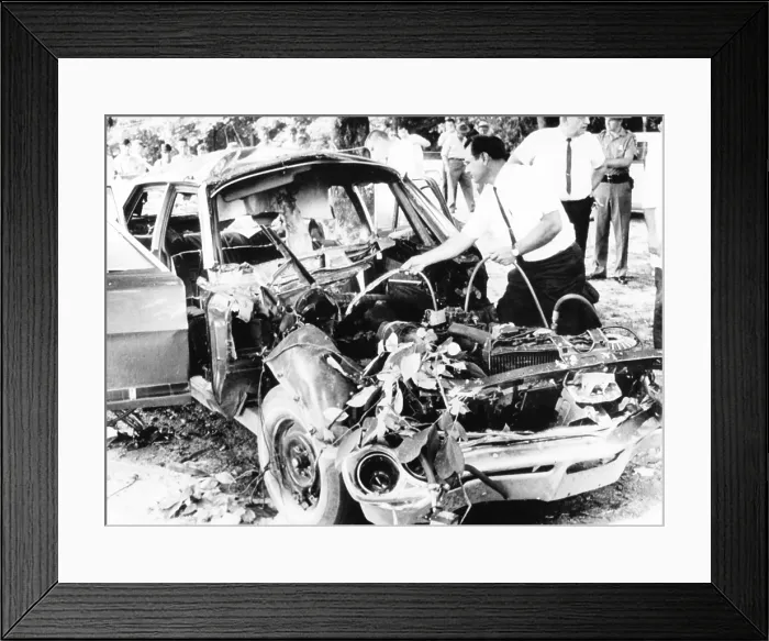 Framed Print : Bomb wrecked remains of car of Jackson County Solicitor, Floyd Hord, who was killed. Jefferson, Georgia, Aug. 7, 1967