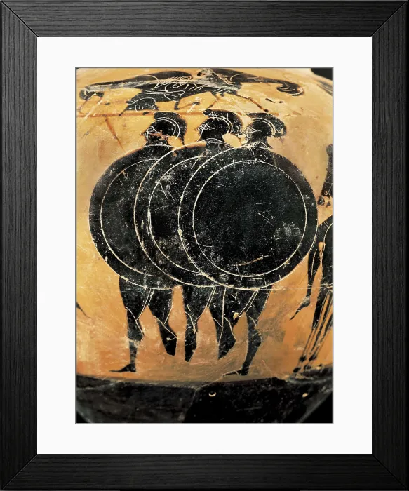 Framed Print : Greek hoplies. Greek classical art. Black-figure ceramic. Heavy infantryman of the armies of the ancient Greece. Classical Greek art. Ceramics Framed Print : Greek hoplies. Greek classical art. Black-figure ceramic. Heavy infantryman of the armies of the ancient Greece. Classical Greek art. Ceramics