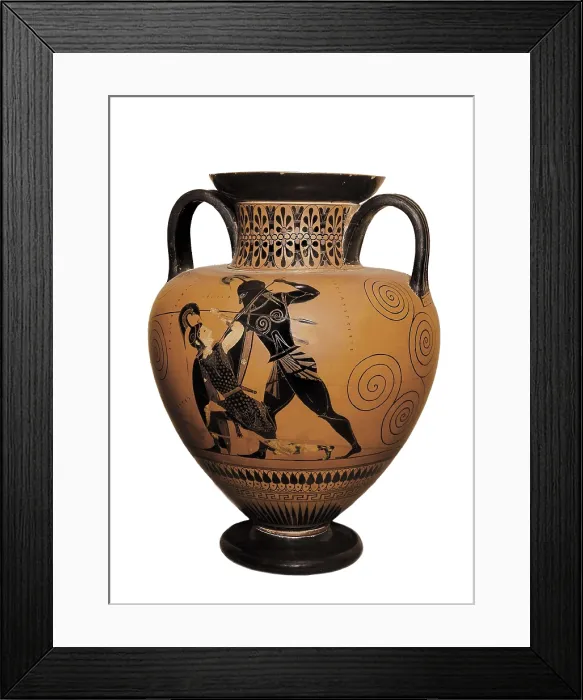 Framed Print : EXEKIAS (6th century BC). Black-figured amphora. Achilles killing the Amazon Queen Pentesilea. 540 -530 BC. Wine jug made in Athens. Archaic Greek art. Ceramics. UNITED KINGDOM