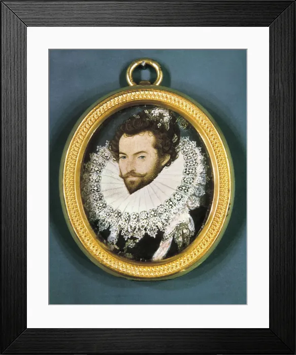 Framed Print : HILLIARD, Nicholas (1547-1619). Sir Walter Raleigh. ca. 1585. Renaissance art. Quattrocento. Miniature Painting. UNITED KINGDOM. London. National Portrait Gallery