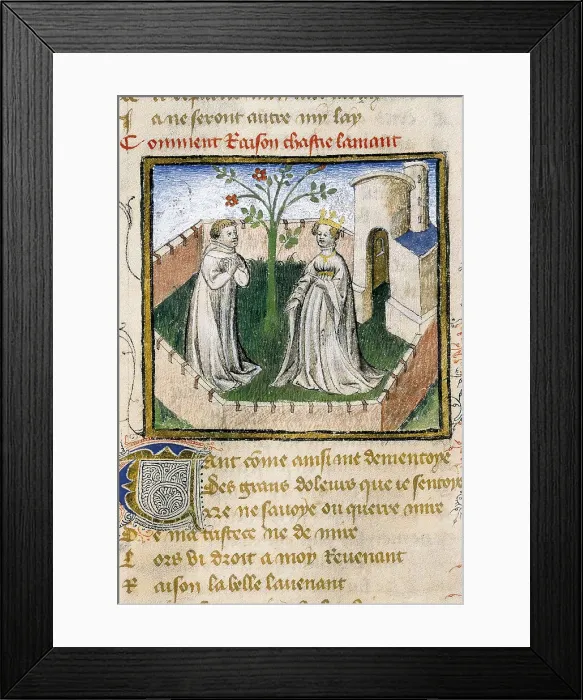 Framed Print : The Romance of the Rose. s.XIV. Love scene of the young lovers before the rosebush. Gothic art. Miniature Painting. SPAIN. Valencia. Valencia University Library Framed Print : The Romance of the Rose. s.XIV. Love scene of the young lovers before the rosebush. Gothic art. Miniature Painting. SPAIN. Valencia. Valencia University Library