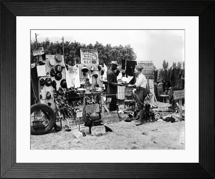 Framed Print : Bonus Army entrepreneur. African American veteran from Detroit, Charles Wood, opened a store in Bonus City. His funny signs enlivened his tattered salvaged inventory Framed Print : Bonus Army entrepreneur. African American veteran from Detroit, Charles Wood, opened a store in Bonus City. His funny signs enlivened his tattered salvaged inventory