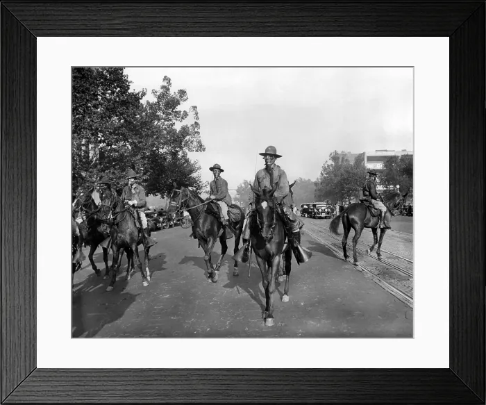 Framed Print : Gas Masked cavalry on Pennsylvania Avenue reinforce Washington DC police. Bonus Army veterans resisted police evictions from their shanty town on Anacostia Flats
