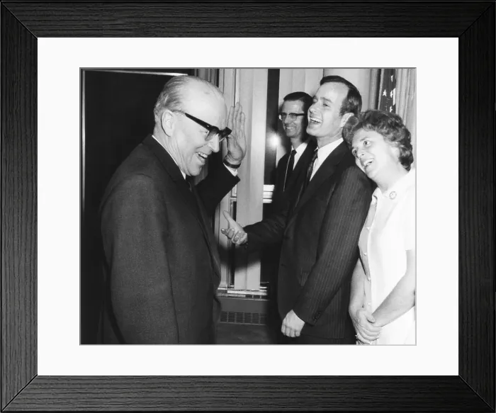 Framed Print : Soviet UN Ambassador Jacob Malik welcomes George Bush as U.S. Ambassador at a reception. March 3, 1971. At Bush's side is his wife Barbara