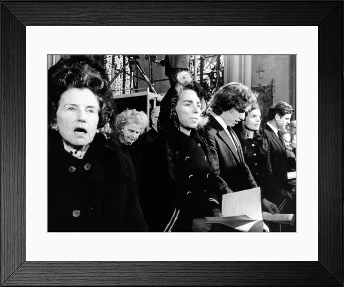 Framed Print : Kennedy family members at the funeral of Cardinal Richard Cushing. L-R: Rose Kennedy; Mrs. Ethel Kennedy; Joseph P. Kennedy III, Jacqueline Kennedy Onassis, and Sen