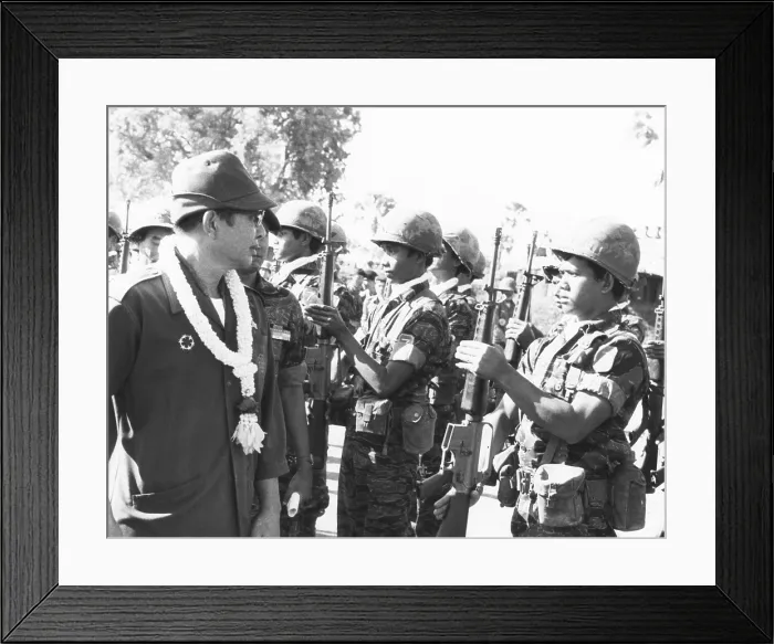 Framed Print : Cambodia's President Lon Nol reviews government troops on Nov. 28, 1973. Lon Nol's government was dependent on U.S Framed Print : Cambodia's President Lon Nol reviews government troops on Nov. 28, 1973. Lon Nol's government was dependent on U.S