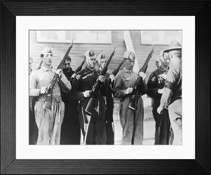 Framed Print : Alexis F. DuPont II in the (center with arrow) at inspection arms in the air corps basic training. The heir to the DuPont millions enlisted as a regular rookie flyer