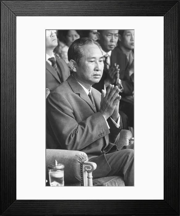 Framed Print : Lon Nol, Cambodia's President at the dedication of housing for Cambodian war widows. May 16, 1974