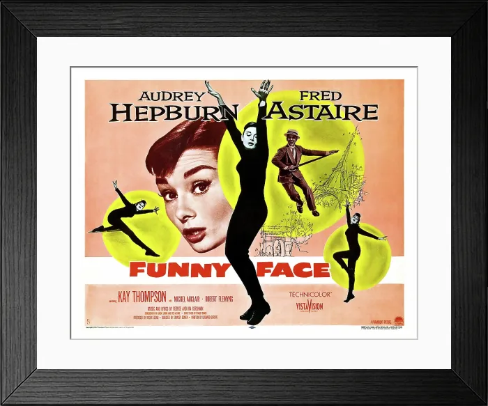 Framed Print : FUNNY FACE, US half-sheet poster art, Audrey Hepburn (closeup and in black), Fred Astaire (top right), 1957