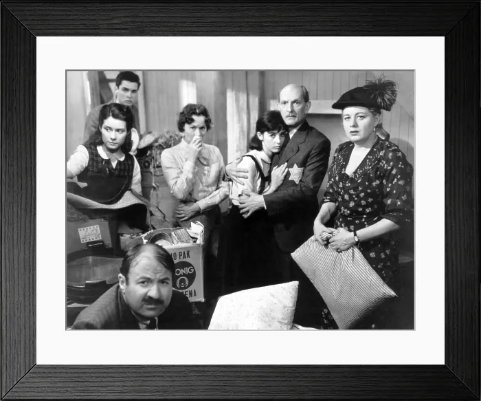 Framed Print : THE DIARY OF ANNE FRANK, from left: Lou Jacobi (front), Diane Baker, Richard Beymer (rear), Gusti Huber, Millie Perkins, Joseph Schildkraut, Shelley Winters, 1959