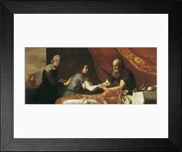 Framed Print : RIBERA, Jos (1588-1652). Isaac Blessing Jacob. 1637. Isaac on the bed, blind, touches Jacob's arm, which is covered with a kid skin in order to be as hairy Esau Framed Print : RIBERA, Jos (1588-1652). Isaac Blessing Jacob. 1637. Isaac on the bed, blind, touches Jacob's arm, which is covered with a kid skin in order to be as hairy Esau
