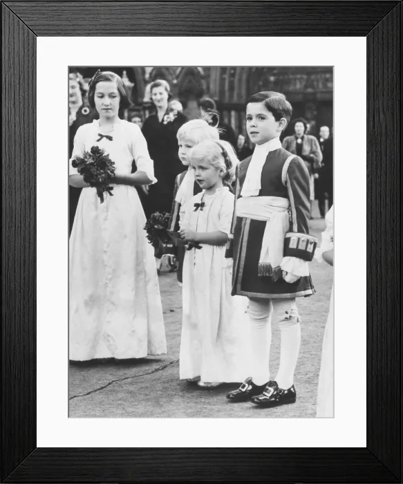 Framed Print : Arabella Churchill (center) stands with other wedding attendants at St. Margaret's Church. London, Nov. 5, 1955