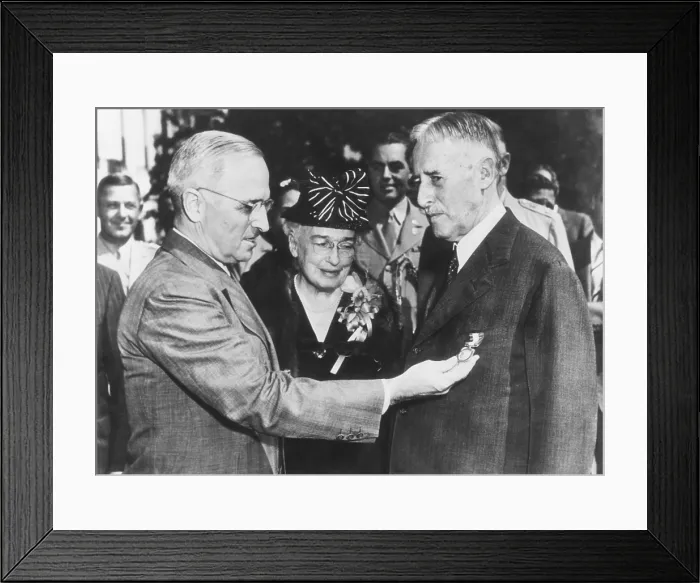 Framed Print : President Harry Truman awards Distinguished Service Medal retiring Secretary of War Henry Stimson. Sept. 21, 1945 Framed Print : President Harry Truman awards Distinguished Service Medal retiring Secretary of War Henry Stimson. Sept. 21, 1945