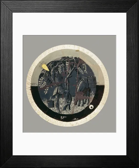 Framed Print : DELLA ROBBIA, Luca (1400-1482). Works of the Months. September. c. 1450-1456. Grape harvest. Renaissance art. Quattrocento. Florentine school. Terra-cotta. UNITED KINGDOM. London Framed Print : DELLA ROBBIA, Luca (1400-1482). Works of the Months. September. c. 1450-1456. Grape harvest. Renaissance art. Quattrocento. Florentine school. Terra-cotta. UNITED KINGDOM. London