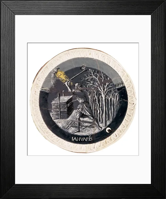 Framed Print : DELLA ROBBIA, Luca (1400-1482). Works of the Months. January. c. 1450-1456. Cutting down trees to make wood. Renaissance art. Quattrocento. Florentine school. Terra-cotta