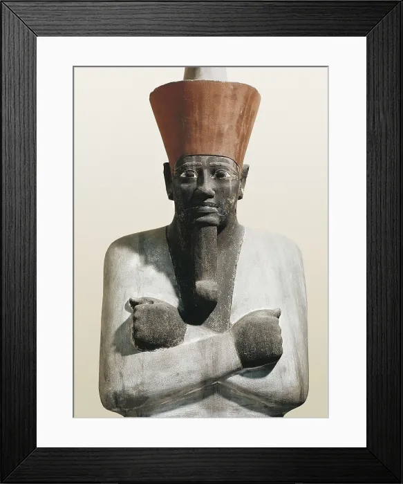 Framed Print : Statue of Mentuhotep II. 2040 BC. Detail. Appears identified as Osiris, wearing the red crown of Lower Egypt and with the curved point beard common among the gods. Egyptian art