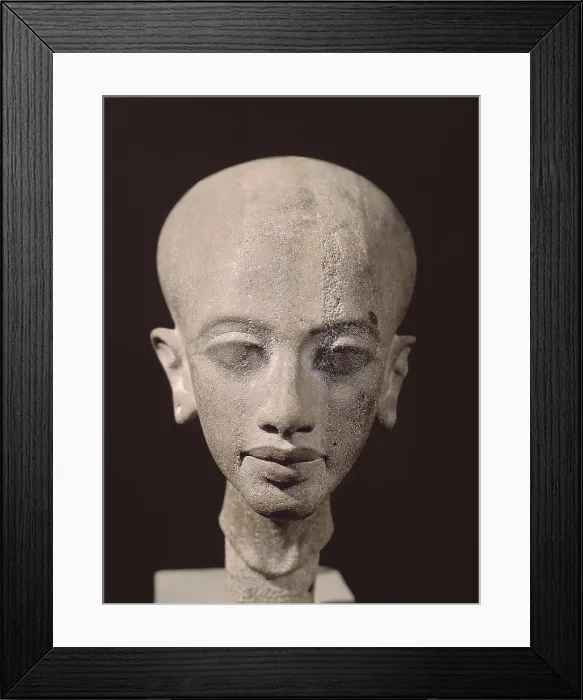 Framed Print : Portrait bust of a daughter of King Akhenaten. 1353 BC. Bust of one of the daughters of King Akhenaten. Egyptian art. New Kingdom. Sculpture on rock. EGYPT. Cairo
