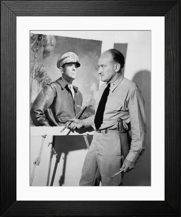 Framed Print : Artist McClelland Barclay with his portrait of General Douglas MacArthur during World War II. In July 1943 he was killed when his ship was torpedoed in the Solomon Islands Framed Print : Artist McClelland Barclay with his portrait of General Douglas MacArthur during World War II. In July 1943 he was killed when his ship was torpedoed in the Solomon Islands