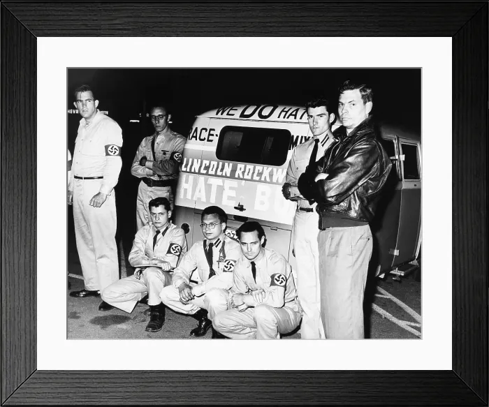 Framed Print : George Lincoln Rockwell (right) poses with the American Nazi party Hate Bus, May 22, 1961 Framed Print : George Lincoln Rockwell (right) poses with the American Nazi party Hate Bus, May 22, 1961