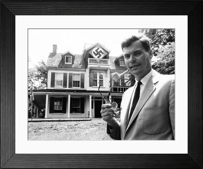 Framed Print : American Nazi George Lincoln Rockwell in front of the Swastika-marked house in Arlington, Virginia. He said the house was Nazi Party's headquarters and barracks