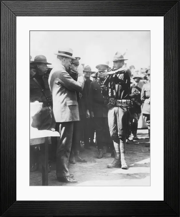 Framed Print : Cpl. John Coolidge salutes his Commander in Chief, President Calvin Coolidge. Aug. 29, 1925, He was at the Citizens Military Training Camp, Camp Devens, Ayer, Massachusetts