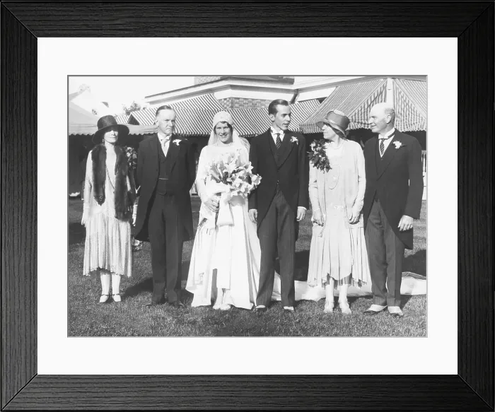 Framed Print : Florence Trumbull and John Coolidge wedding portrait, Sept. 28, 1929, Plainville, CT. L-R: Grace Goodhue Coolidge; Calvin Coolidge; Florence Trumbull Coolidge; John Coolidge; Mrs