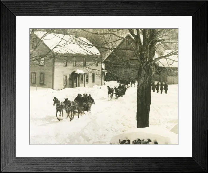 Framed Print : Pres. Calvin Coolidge traveling by sled to his home in Plymouth Notch, Vermont in March 1926. In the front sled, in second seat left, is John Coolidge and Atty. Gen