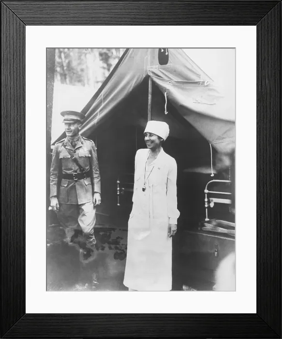 Framed Print : First Lady Grace Coolidge visiting the Marine camp which guards traveling President Calvin Coolidge. With her in New York State, is the President's Aide, Capt. Wilson Brown