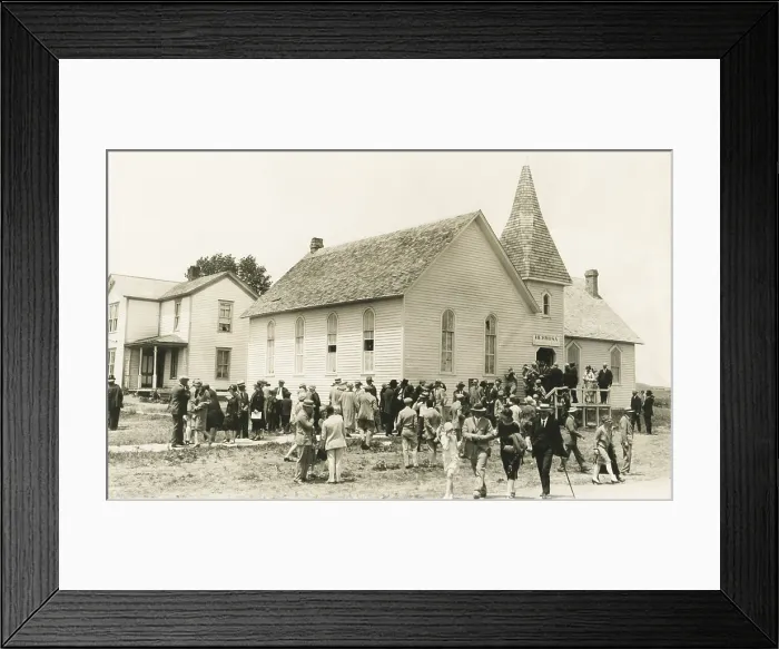 Framed Print : Congregational Church after Sunday service, Hermosa, South Dakota, in June 1927 Framed Print : Congregational Church after Sunday service, Hermosa, South Dakota, in June 1927