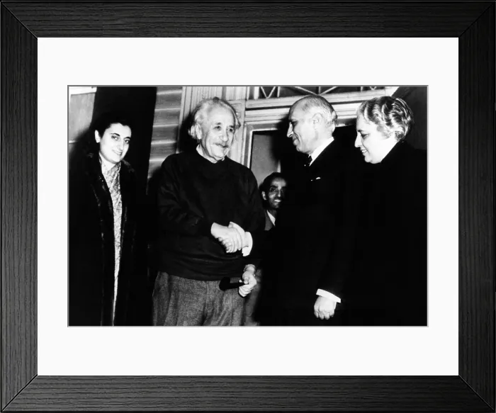 Framed Print : Prime Minister Pandit Jawaharlal Nehru, of India, says goodbye to Dr. Albert Einstein at his home in Princeton. L-R: Mrs. Indira Gandhi, Nehru's daughter; Dr Framed Print : Prime Minister Pandit Jawaharlal Nehru, of India, says goodbye to Dr. Albert Einstein at his home in Princeton. L-R: Mrs. Indira Gandhi, Nehru's daughter; Dr