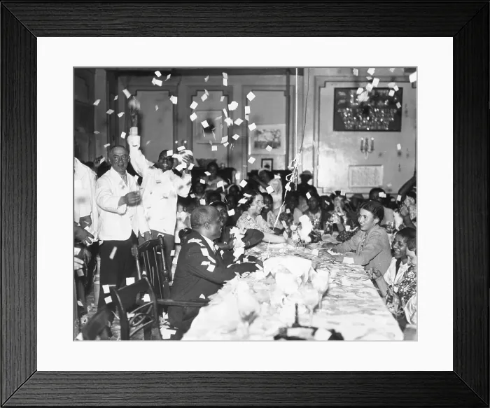 Framed Print : Jubilant scene in Father Divine's Harlem Heaven No. 1'. Father Divine beams on them from his accustomed place at the head of the table Framed Print : Jubilant scene in Father Divine's Harlem Heaven No. 1'. Father Divine beams on them from his accustomed place at the head of the table