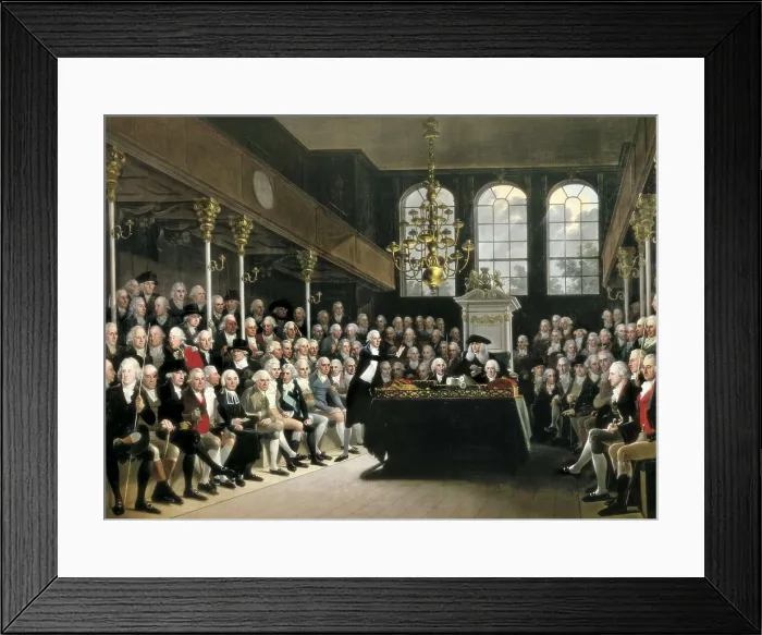 Framed Print : HICKEL, Karl Anton (1745-1798). William Pitt addressing the House of Commons on the French Declaration of War. ca. 1793. Oil on canvas. UNITED KINGDOM. London