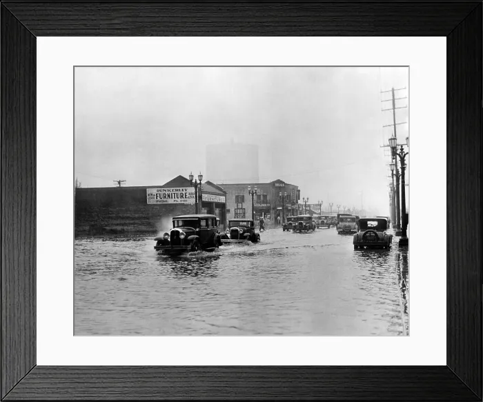 Framed Print : Flooded streets in Los Angeles. Motorists splashed through foot-deep water in the city. Dec. 30, 1931. (CSU_ALPHA_1735) CSU Archives / Everett Collection